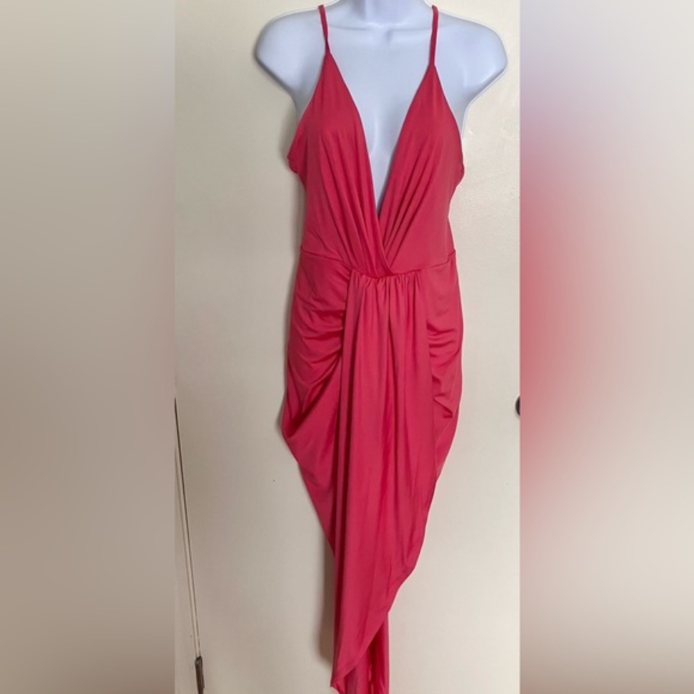 Dress Day NWT Grecian Style Plunging Neckline Hot Pink Women's Dress Size Large